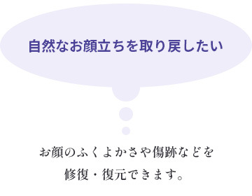 自然なお顔立ちを取り戻したい　お顔のふくよかさや傷跡などを修復・復元できます。